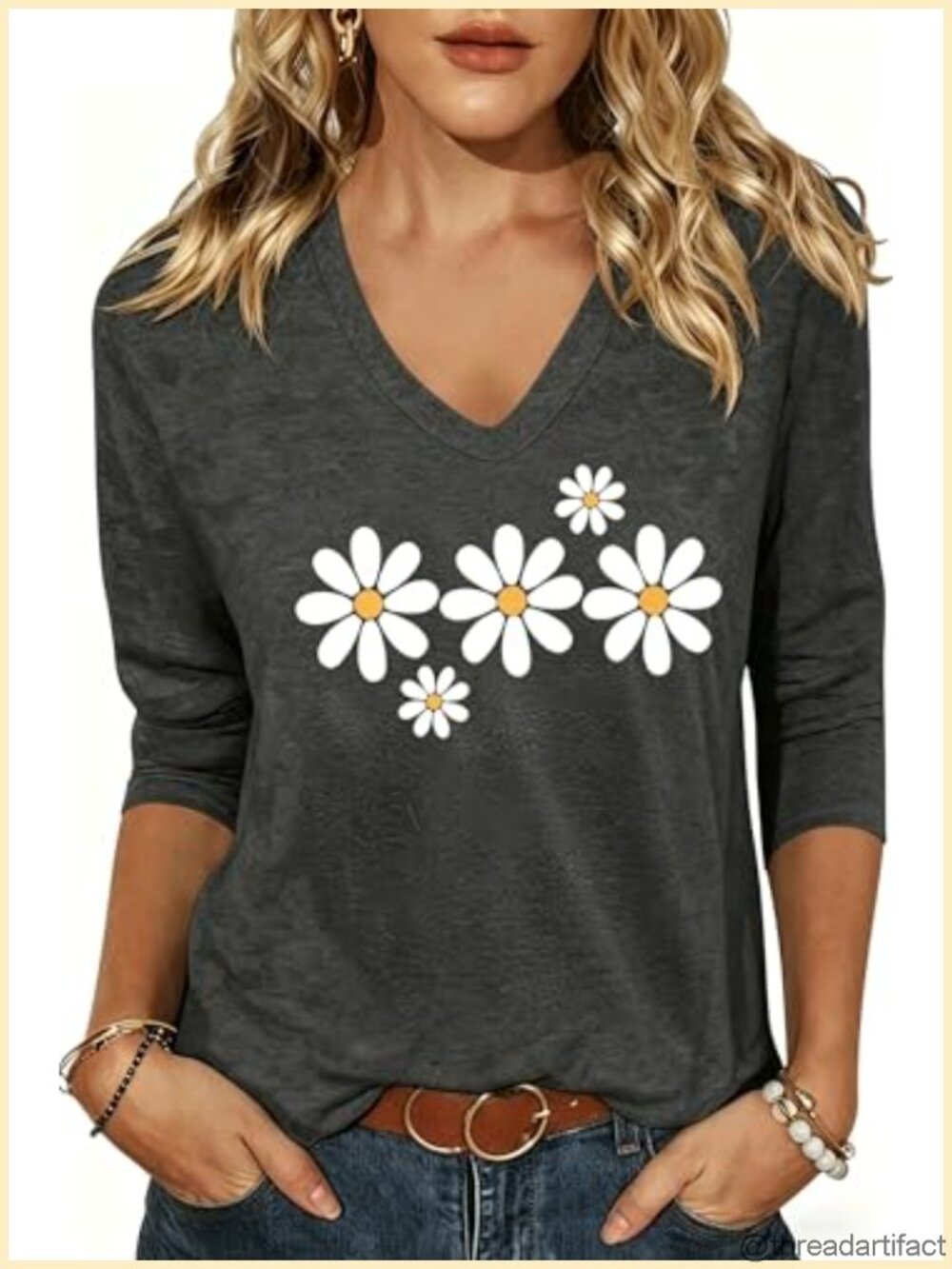 3/4 Sleeve Vintage Flowers V Neck Boho Floral Graphic Tee Casual Summer T Shirt